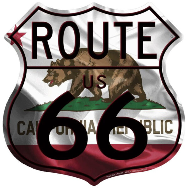 plaque déco américaine murale tole panneau de highway route 66 california flag